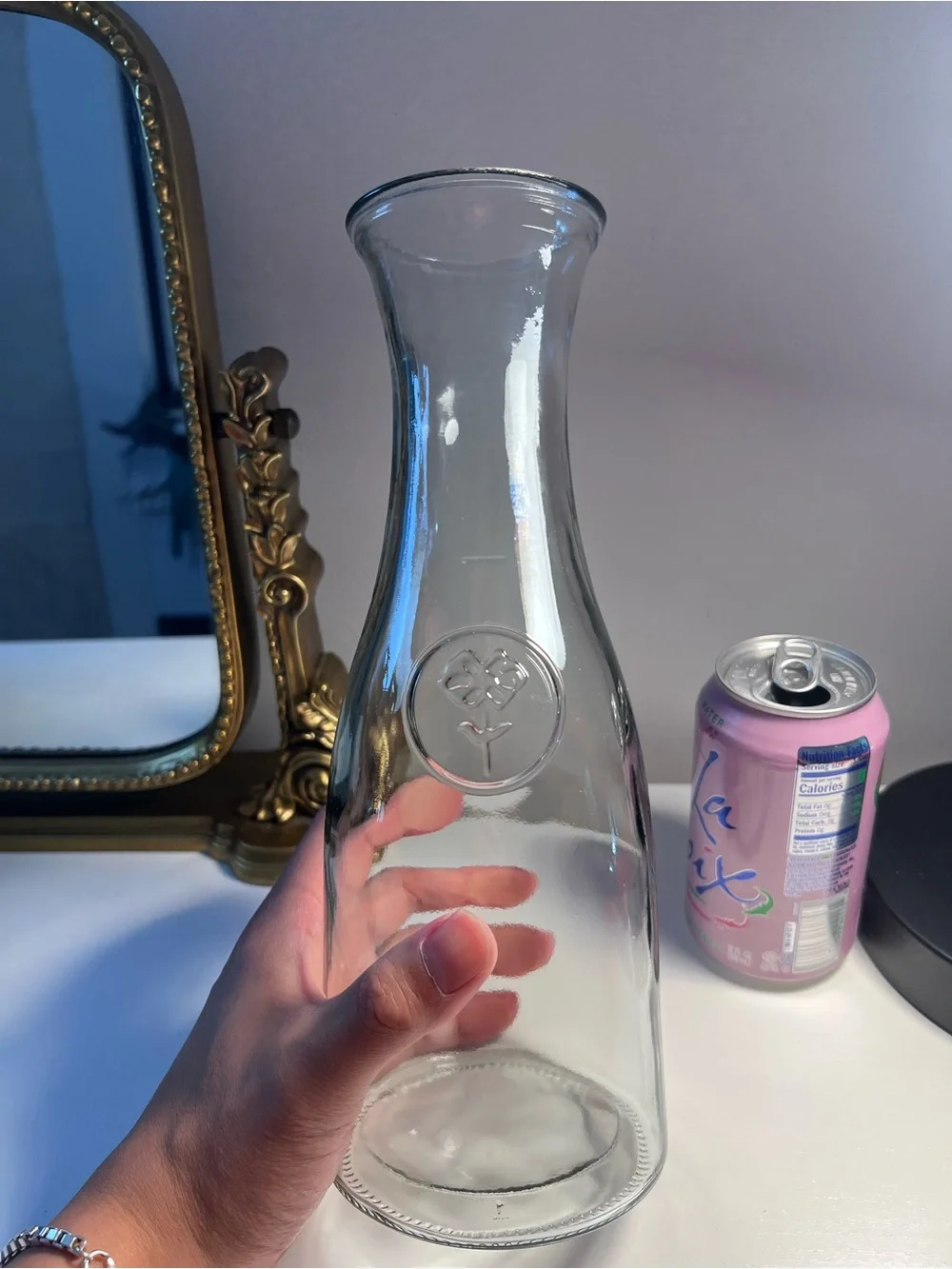 Clear Glass Carafe with Embossed Floral Medallion - Home Accents